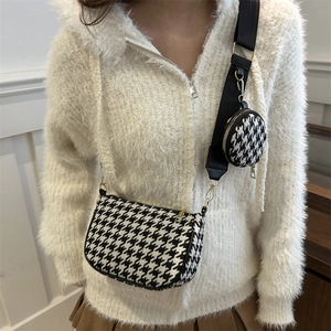 Elegant houndstooth crossbody bag with wide strap and round coin purse for women