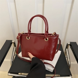Women Shiny PU Leather Tote Bag Minimalist Retro Shoulder Crossbody Bag With Plush Monster Charm Small Fashion Handbag Purse