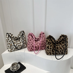 Sac fourre-tout en peluche léopard rose, crème et marron en fausse fourrure douce