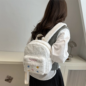 White plush backpack with colorful buttons and fashion embroidery for winter style