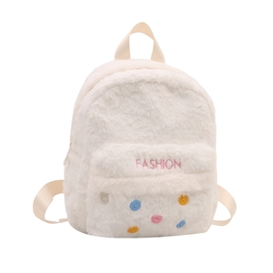 White faux fur backpack for women featuring colorful star patches and fashion embroidery