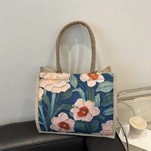 Women Floral Camellia Print Nylon Tote Bag Ethnic Artistic Large Capacity Handbag Art Pattern Commute Shoulder Bag