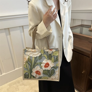 Large capacity linen tote bag with oil painting floral print and thick rope handles