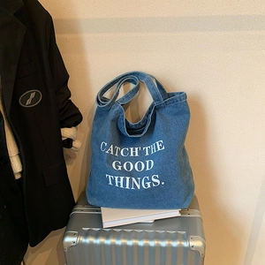 Women Large Denim Tote Bag Letter Print Shoulder Bag Casual Daily Travel High Capacity Top Handle Bag With Bear Charm