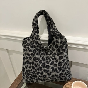 Sac Cabas en Peluche à Imprimé Léopard pour Femme Grande Capacité Sac à Épaule en Fausse Fourrure Mode Automne Hiver