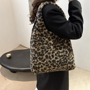 Grand sac fourre-tout en peluche imprimé léopard, style décontracté pour automne et hiver