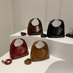 Retro faux leather semi-round handbags in four colors with embossed letters and gold buckles