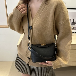 Chic black litchi pattern crossbody bag with gold lock for women winter style