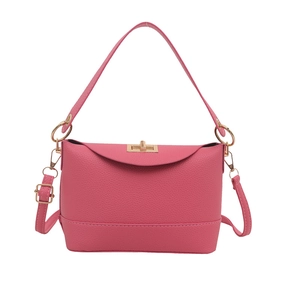 Litchi texture pink leather crossbody bag for women with golden twist lock and strap