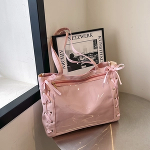 Borsa Ita in Nylon con Finestra Trasparente Donna Borsa Tote a Spalla Grande Capacità con Fiocco Estetica Minimalista per Uso Quotidiano