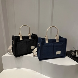 Retro canvas tote bag in black and navy blue with large capacity and wide straps