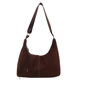 Minimalist brown suede hobo shoulder bag with white contrast stitching and a wide strap
