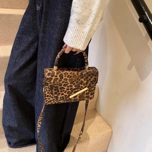 Retro leopard print crossbody square bag with gold metal trim and cylindrical handle