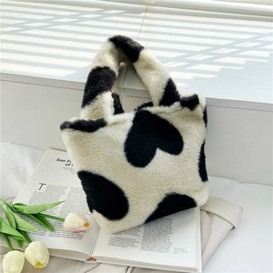 Borsa Tote in Peluche con Motivo a Cuore Donna Kawaii Giapponese Borsa a Mano Invernale in Pelliccia Sintetica Shopping Satchel