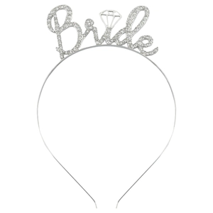 Silver bridal headband featuring shimmering rhinestones and Bride lettering design