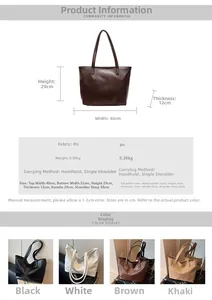 Size chart and color options for large capacity PU leather shoulder tote bag
