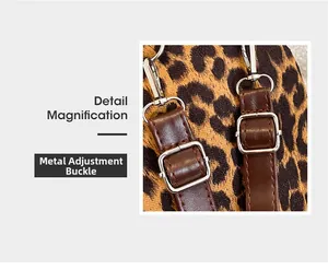 Detail of adjustable silver buckle and leopard print canvas on stylish backpack
