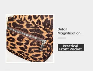 Macro detail of leopard print suede texture and front zipper pocket on the backpack