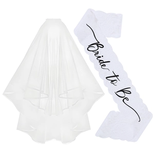 Double layer white tulle bridal veil and Bride To Be lace sash for bachelorette parties