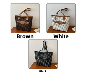 Detailed views of vintage clover pattern tote bags in brown, beige, and black colors