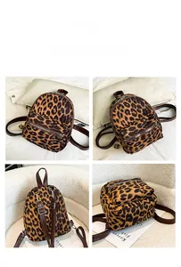 Detailed four-way view of a leopard print faux suede mini backpack with brown straps