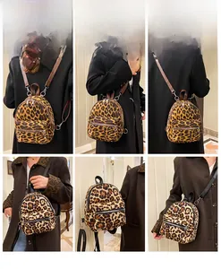 Collage showing adjustable straps and multi-way carry options of leopard print mini backpack