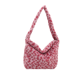 Grand sac cabas en peluche rose à motif léopard pour femme avec texture douce en fausse fourrure
