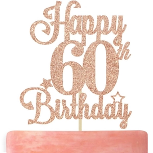 Rose gold glitter Happy 60th Birthday cake topper with star accents for party decoration
