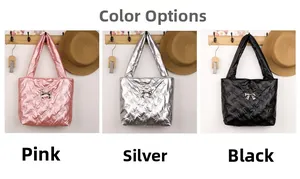 Quilted tote bags with metallic finish and bow details in pink, silver, and black colors