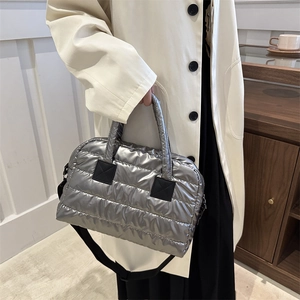 Winter silver quilted puffer tote bag with adjustable shoulder strap for women