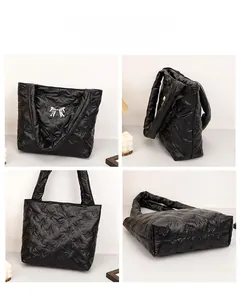 Multiple views showing bow quilted texture and silver bow buckle on large black tote bag