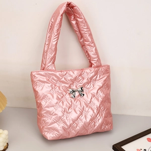 Women's Metallic Glossy Quilted Bow Tote Bag Large Capacity Stitched Puffy Shoulder Bag Daily Urban Handbag Chic Girl Bag