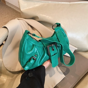 Vintage PU Leather Pleated Underarm Shoulder Bag For Women Urban Simple Metal Buckle Solid Color Retro Fashion Hobo Bag