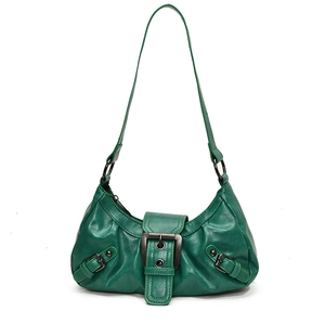 Vintage green shoulder bag with distressed faux leather and retro metal buckle detail