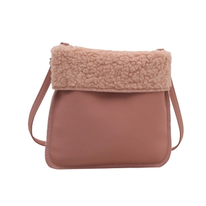 Pink faux shearling and leather crossbody bag with minimalist cute design for women