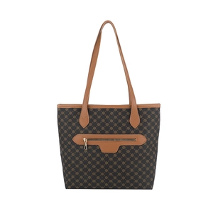 Classic brown monogram tote bag with leather straps and front zipper pocket for women