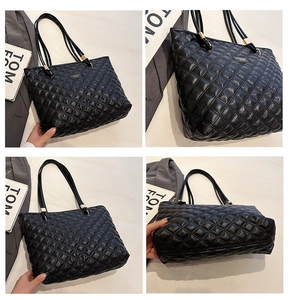 Detailed views of a black quilted tote bag with diamond stitching and leather texture