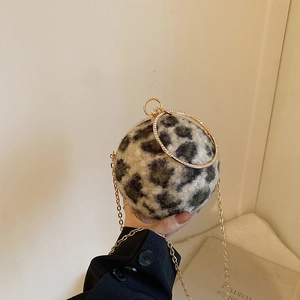 Women's Ball Shaped Leopard Print Faux Fur Evening Clutch Bag With Rhinestone Ring Handle Gold Metal Chain Shoulder Bag