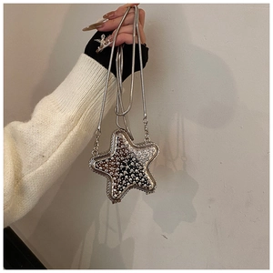 Détail du mini sac étoile argenté orné de strass brillants et d'une fine chaîne serpent