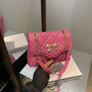 Women Quilted Shoulder Bag PU Leather Chain Strap Bow Buckle Small Square Crossbody Bag Urban Simple Daily Fashion Handbag