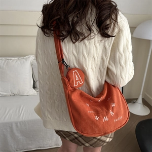 Caramel corduroy crescent tote bag with mini coin purse and fashion letter embroidery