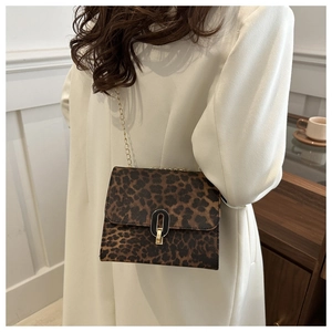 Leopard print crossbody bag with gold chain strap and metal clasp on female model