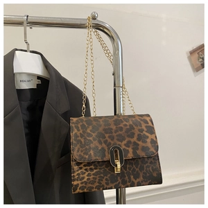 Detail of leopard print crossbody bag with gold chain strap and metal clasp on rack