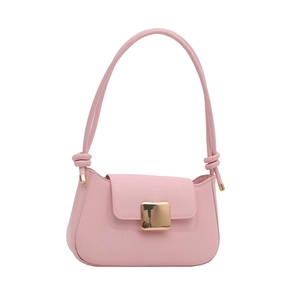 Borsa baguette rosa minimalista con fibbia dorata e tracolla con nodi decorativi