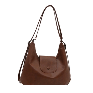 Borsa a spalla retrò in pelle PU marrone scuro con fibbia tonda e spallacci