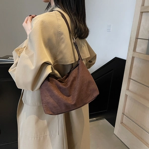 Minimalist dark brown matte suede shoulder bag for women in 2024 trendy casual tote style