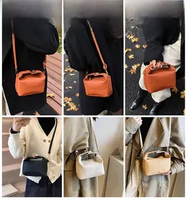 Collage of chic woven texture square handbags in multiple colors worn by a fashion model