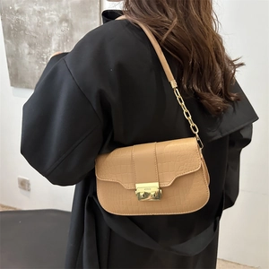 Khaki crocodile pattern small flap bag with golden buckle and chain strap