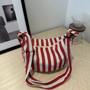 Women Striped Canvas Shoulder Bag Large Capacity Korean Retro Hobo Handbag Adjustable Strap Crossbody Bag Daily Leisure
