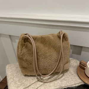 Women Fashion Plush Underarm Bag Soft Faux Fur Tote Bag Large Capacity Solid Color Shoulder Bag With Plush Doll Pendant